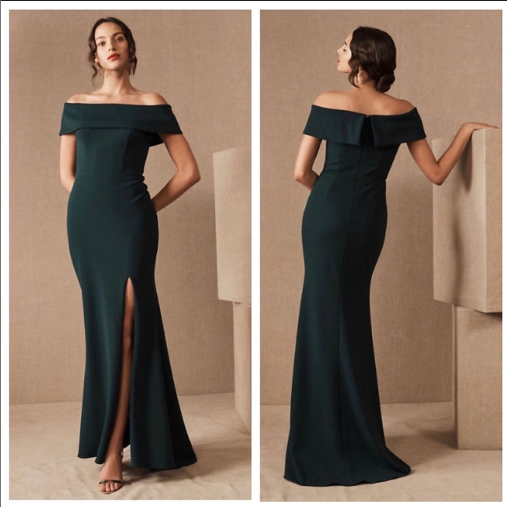 BHLDN Delice Off Shoulder Gown Dark Emerald Dress